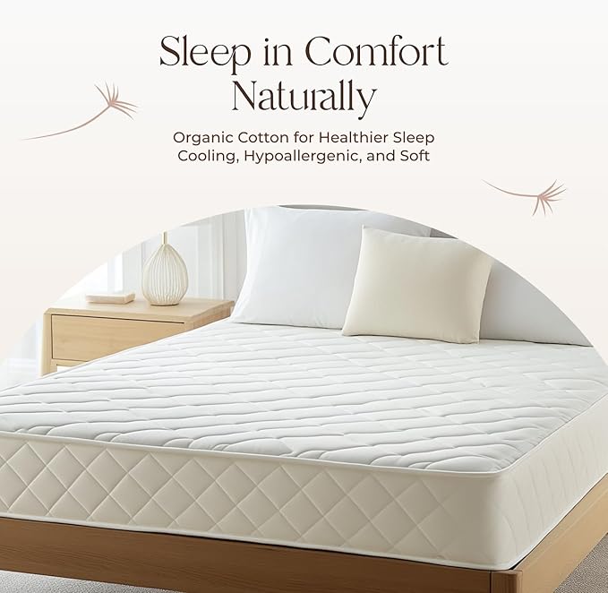 100% Cotton Organic Mattress Pad - Breathable & Cooling Mattress Protector Cal King - Premium 300GSM Quilted and Noiseless Machine Washable Organic Mattress Protector (White, Cal King)