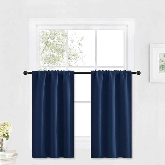 RYB HOME Blackout Curtains Small Window Decor Light Block Thermal Insulated Drapes for Bedroom Bathroom Kitchen Cabinet, W 29 x L 36 inch, Navy Blue, 2 Panels