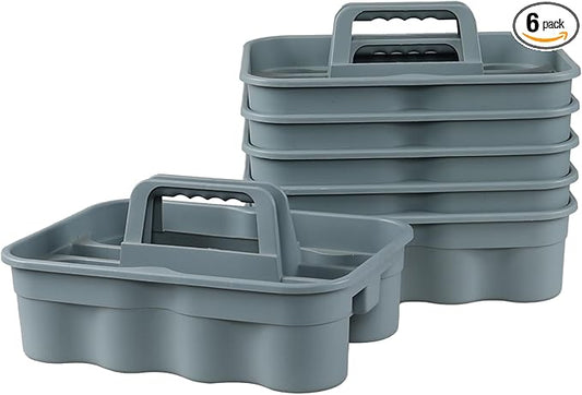 6 Pack Plastic 2 Compartments Cleaning Supplies Caddy, Commercial Carry Caddy Organizer with Handle, Gray