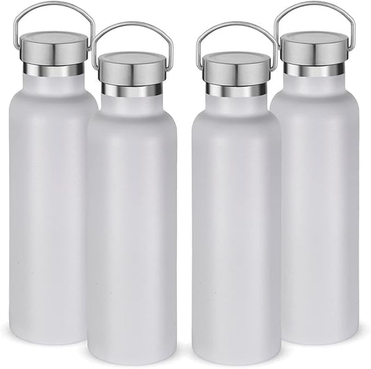 Neihepal 20 oz Insulated Water Bottles Bulk 4 Pack,Stainless Steel Double Wall Sport Bottle with Lid of Handle,Metal Reusable Thermoses Flask with Cup Cap for School,Hikers,Gift (White,Set of 4)
