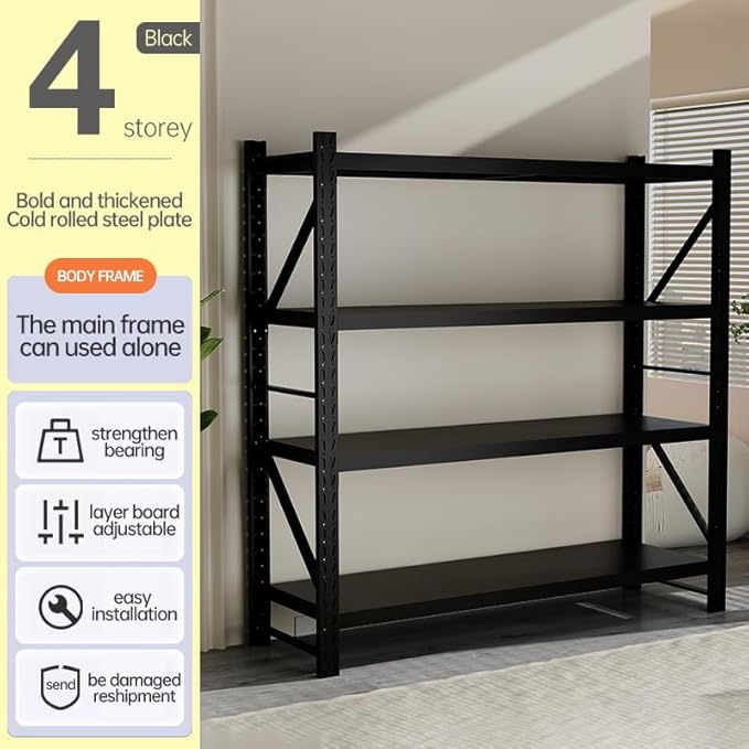 Storage Shelves Heavy Duty, Metal Garage Shelving Units, 4 Tier Storage Rack Shelf, Steel Industrial Shelving, Adjustable Standing Shelf for Basement/Warehouse (Black, W59.06*D23.6*H78.74)