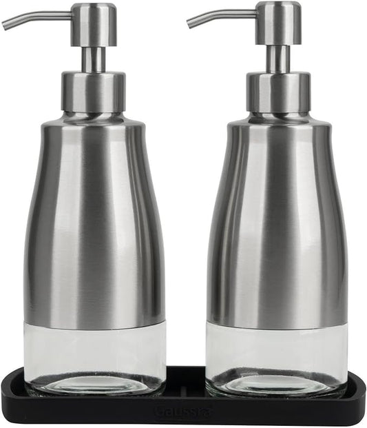 Gaussra Kitchen Soap Dispenser Set with Silicone Tray and Stickers - Brushed Nickel, Stainless Steel Glass Soap Dispenser Bathroom, Refillable Hand Dish Soap Dispenser for Kitchen Sink