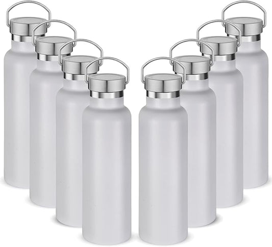 Neihepal 20 oz Insulated Water Bottles Bulk 8 Pack,Stainless Steel Double Wall Sport Bottle with Lid of Handle,Metal Reusable Flask with Cup Cap for School,Hikers,Gift (White,Set of 8)