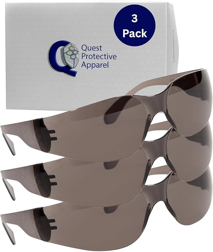 Quest Protective Apparel Safety Glasses for Men and Women - Anti Fog Safety Goggles for Shooting, Lab, or Construction – Polycarbonate Eye Protection [Smoke & Pack of 3]