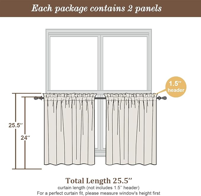 Chyhomenyc Sheer Light Grey Tier Curtains 24 Inch Length, Small Window Curtains Treatment for Bathroom Living Room Basement, Short Rod Pocket Cafe Curtain, 42W x 24L Inches, 2 Panels