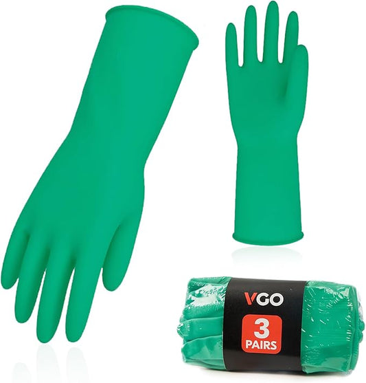 Vgo... 3-Pairs Reusable Household Gloves, Rubber Dishwashing gloves, Extra Thickness, Long Sleeves, Kitchen Cleaning, Working, Painting, Gardening, Pet Care (Size XL, Green, HH4601)