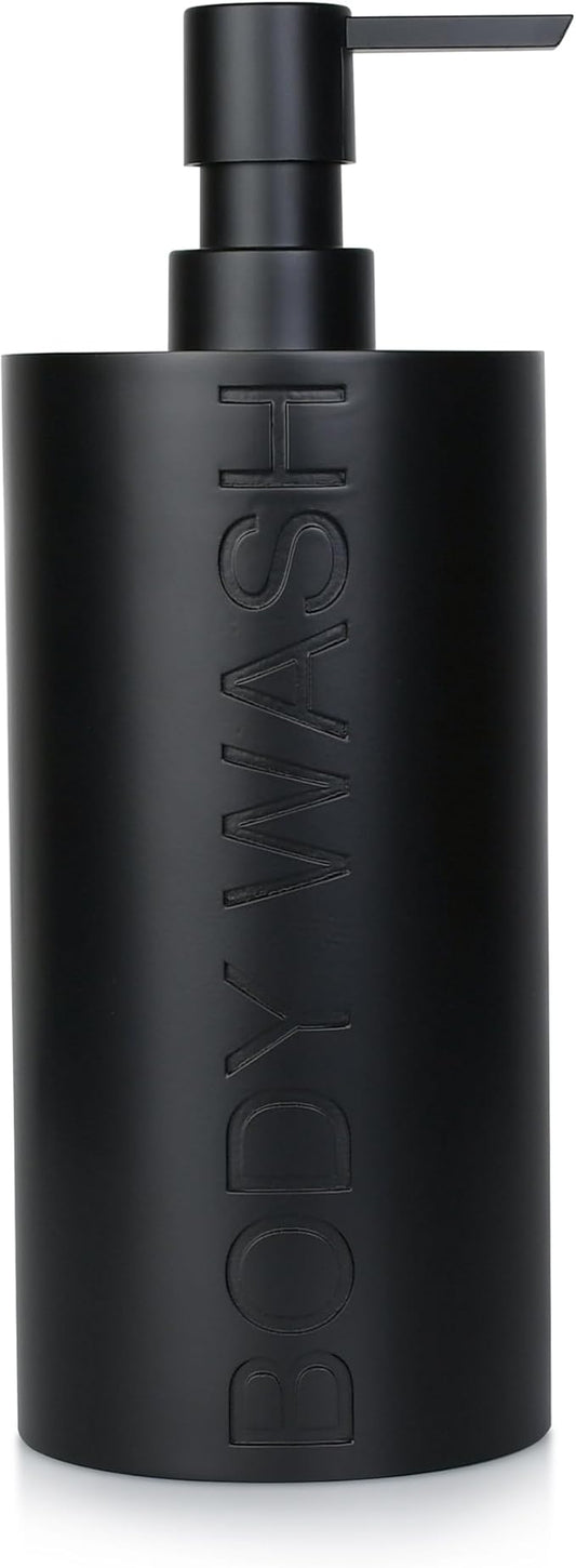 Matte Black Body Wash Dispenser Luxurious Refillable Pump Bottle with Embossed Text, Durable Construction for Bathroom and Shower