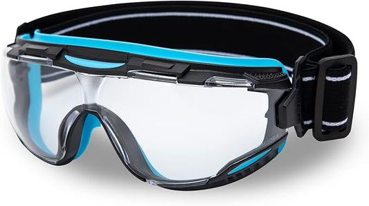 DEX FIT Protective Safety Goggles SG220; Anti Fog & Scratch, Z87 Eye Protection for Lab, Science, and Chemistry Work, Adjustable for Women and Men, (Black & Blue Frame, Clear Lens, 30cm Strap)