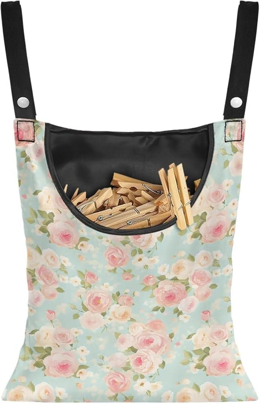 Clothes Pin Hanging Bag, Large Capacity Clothespin Bag Clothes Pin Hanging Bag Space-Saving Organize Clothespin Bag for Outdoor - Rose Pink Pattern