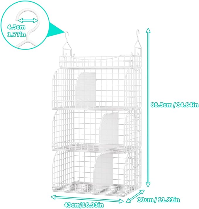 HapiRm Hanging Closet Organizer Storage - 3 Tier Metal Stackable Hanging Closet Shelves with Dividers and S Hooks, Foldable Clothes Shelves for Clothes, Pants, Shoes, Coat, Hats Clutches Accessories