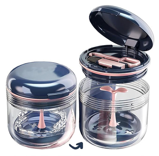 MURRI&MURRDI Denture Bath Case Holder with Mirror & Strainer Basket, Retainer Mouth Guard Soak Container Box, Braces Cleaner Cup, Travel Storage for Dentures, Retainers & Aligners (Dark Blue)