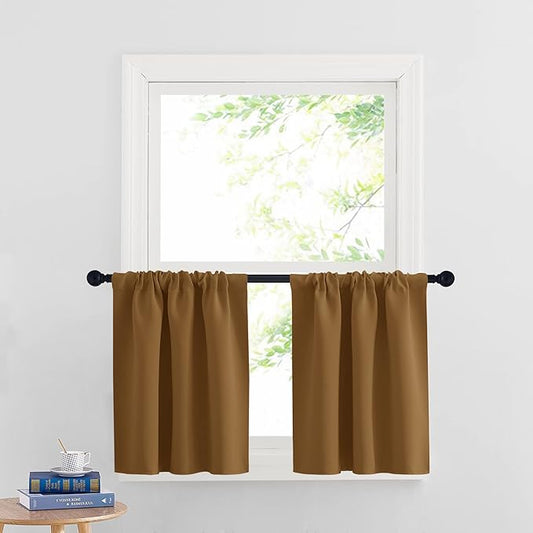 RYB HOME Small Curtains Blackout - Privacy Energy Efficiency Mini Curtains for Kids Bedroom RV Camper Windows Trailer Bathroom Kitchen Cabinet Window Tiers, W 29 x L 24, Gold Brown, 2 Panels