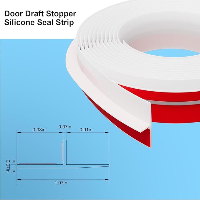 T-Shaped Door Draft Stopper, 1.97 in x 10 Ft Silicone Seal Strip for Windows Gaps, Weather Stripping Seal Strip Shower Sweep, White