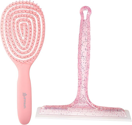 Shower Squeegee for Glass Doors, Bathroom Squeegee for Shower, Window Squeegee - Pink Comb and Squeegee Set for Hair Care and Glass Cleaning, by LTLUTU