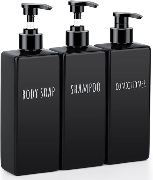 Segbeauty Plastic Square Soap Dispenser Black, 3pcs 16.9oz Refillable Shampoo and Conditioner Bottles, 500ml Empty Reusable Pump Bottle Bathroom Shower Dispenser Set for Body Wash Liquid Gel Lotion