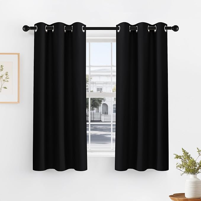 Pony DACNE Black Blackout Curtains for Bedroom 2 Panels Set - Light Reducing Solid Grommet Thermal Insulated Window Black Out Drapes for Living Room, 42 Wide by 60 inch Long