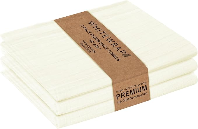 WHITEWRAP Flour Sack Towels| Tea Towel for Crafts| Kitchen Dish Cotton Blank Towel for Embroidery|Baking Bread Proofing Linen Cover| Thick Absorbent Quick Dry| 3 Pack 18"x28"Natural