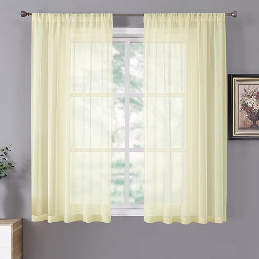 Tollpiz Short Sheer Curtain Linen Textured Bedroom Curtains Sheer Light Filtering Rod Pocket Voile Curtain for Living Room, 54 x 54 inches Long, Transparent Yellow, Set of 2 Panels