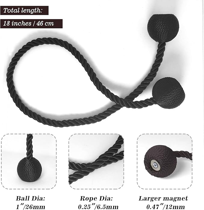 Hion Magnetic Curtain Tiebacks 4 Pack, Nickel-plated Metal and Polyester, Black
