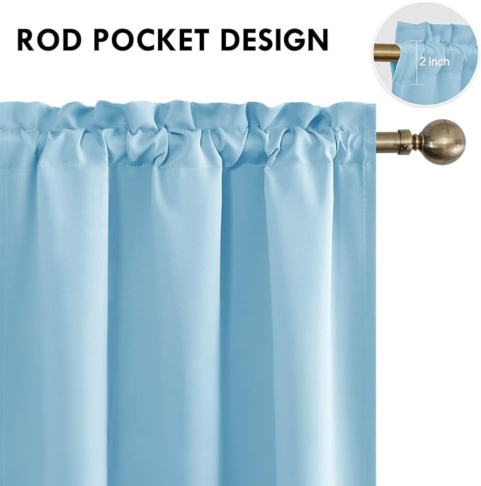 DWCN Blackout Curtains Thermal Insulated Energy Saving Bedroom and Kitchen Curtains Window Treatments, W 38 x L 45 Inch, Set of 2 Light Blue Rod Pocket Drapes