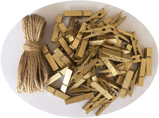 DurReus Small Wooden Clips Cute 1.5 Inch Clothespin Photo Paper DIY Craft Holder with Jute Twine Gold Pack 50