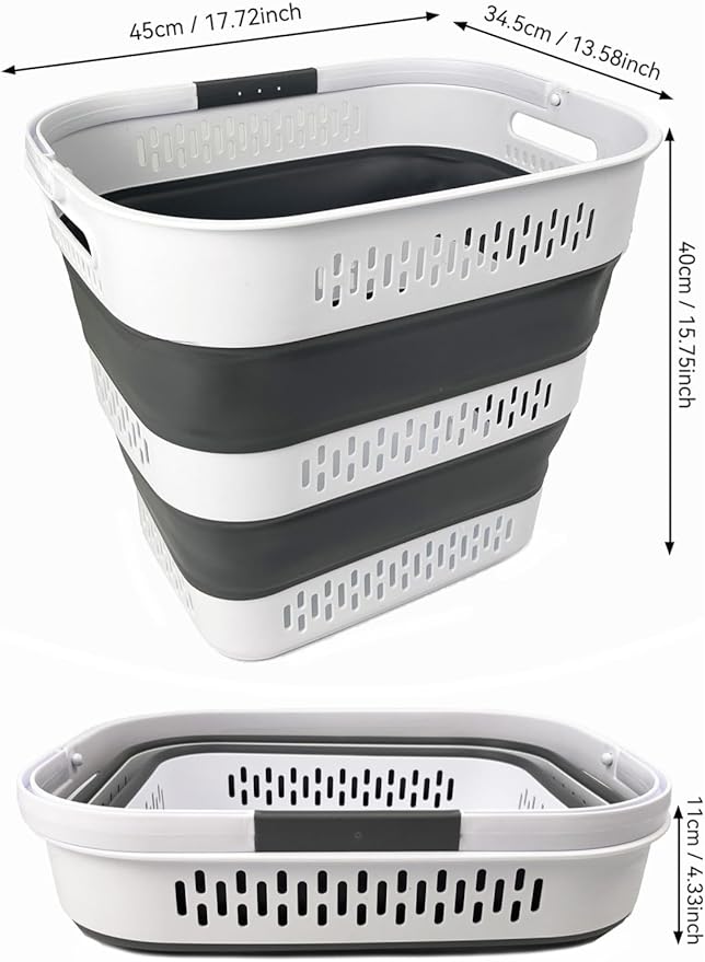 SAMMART 40L (10.5 Gallon) Collapsible Plastic Laundry Basket with Handles - Foldable Pop Up Storage Container/Organizer - Portable Laundry Hamper - Space Saving (1, White/Steel Grey)