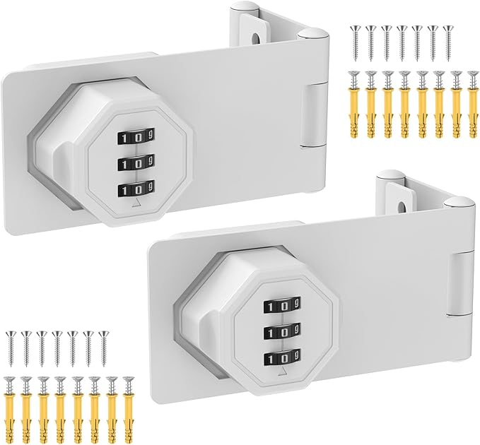 90 Degree 3-Digit Combination Cabinet Lock, Zinc Alloy Keyless Folding Hasp Lock Latch, Password Security Rotary Door Latch for Office File Cabinet, Drawer, Locker, Cupboard (2, White)