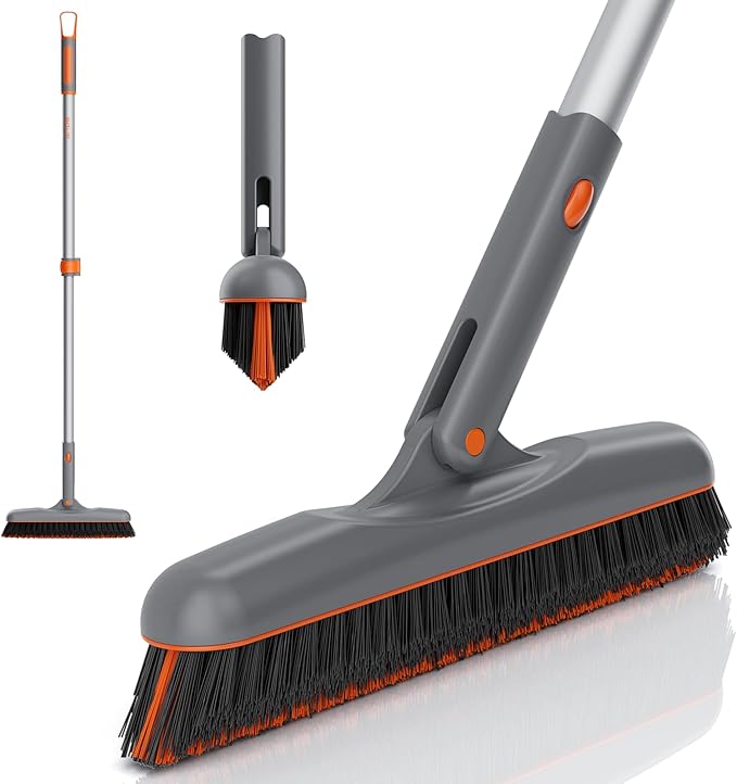 Eazer 53‘’ Grout Brush with Long Handle, 180°Rotation Tile Grout Cleaning Tool, V-Shape Shower Scrubber Cleaner, Stiff Bristle for Cleaning Bathroom Wall, Baseboards, Tile Floors - 2 Head