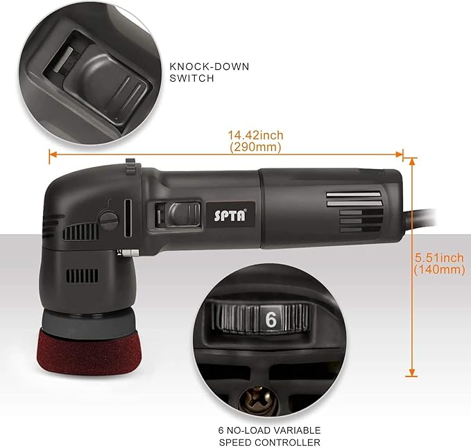 SPTA Mini Orbital Polisher - 3 Inch 10mm/780W Variable Speed Dual Action With Polishing Pads, Sanding Discs, Pad Conditioning Brush