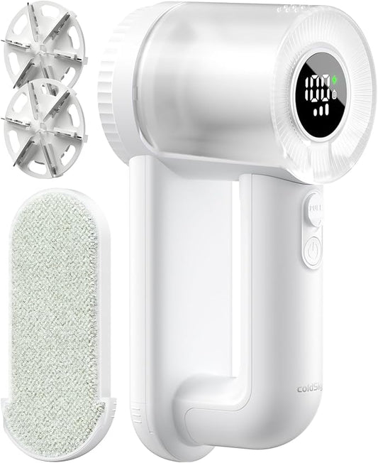 coldSky Electric Fabric Shaver & Lint Remover, Rechargeable Portable 3-Speed LED Digital Display Sweater Defuzzer for Clothes, Sofa, Bedding - Removes Lint, Hairball, Fuzz - White