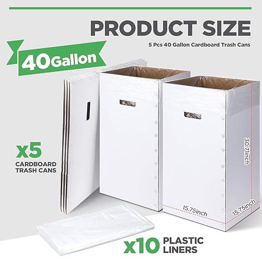 Tioncy 5 Pcs Cardboard Trash Cans Disposable and Reusable Corrugated Cardboard Trash Cans Recycling Bins Bulk with 10 Garbage Bags White Garbage Boxes for Parties Events