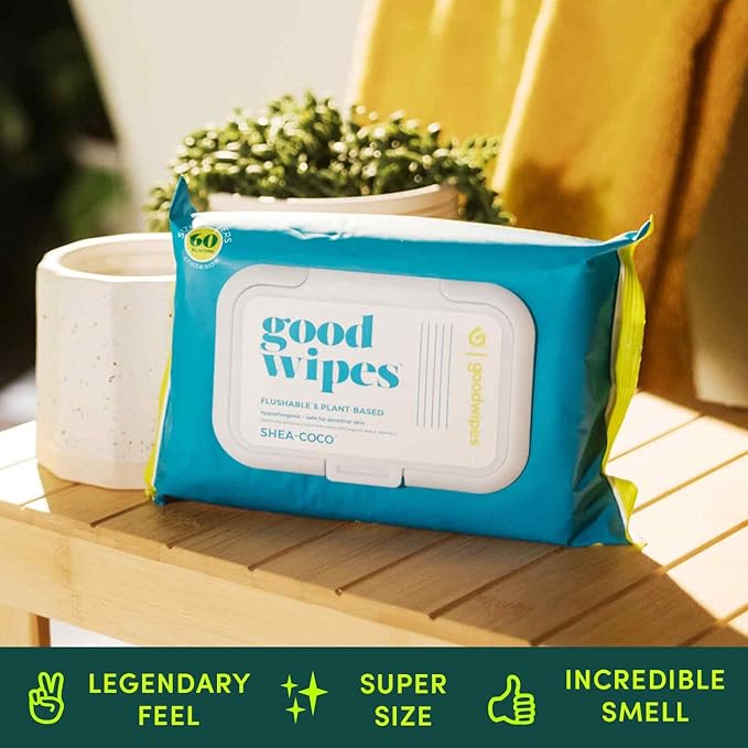 Goodwipes Flushable Wipes – Made with Vitamin E & Aloe – Soft, Individually Wrapped Butt & Feminine Cloths for On-the-Go & Travel Use – Largest Adult Toilet Towelettes – Shea-Coco, 1 pack, 32 count