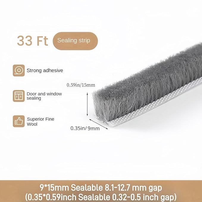 33 Ft Self-Adhesive Weather Stripping Door Seal Strip for Door Window, 0.35" Wide x 0.59" Thick, Gray