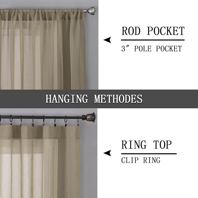 Tollpiz Sheer Curtain Linen Textured Bedroom Curtains Sheer Light Filtering Rod Pocket Voile Curtain for Living Room, 54 x 95 inches Long, Taos Taupe, Set of 2 Panels
