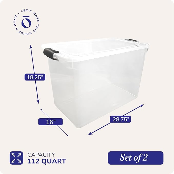 HOMZ 2-Pack Latching Lid, Large Clear Plastic Storage Bins w/Lids, 112 Quart, Gray Latch - Stackable Container Boxes for Home, Bathroom, and Office Organization