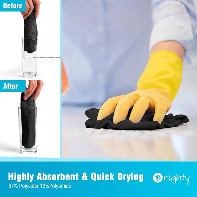 Orighty Black Microfiber Cleaning Cloth, 50 Pack Highly Absorbent Cleaning Supplies, Lint Free Kitchen Towels Cleaning Rags, Microfiber Towels for Cars, House, Window, 12x12 inch