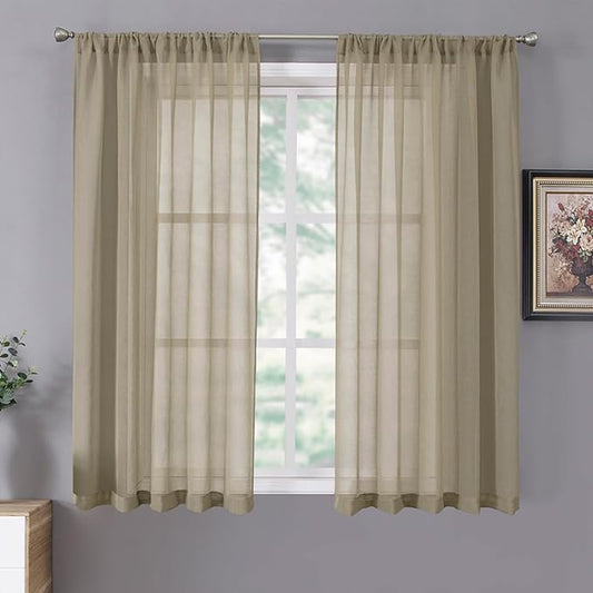 Tollpiz Sheer Curtains Linen Textured Living Room Curtain Sheers Light Filtering Rod Pocket Voile Curtains for Bedroom, 42 x 63 inches Long, Taos Taupe, Set of 2 Panels