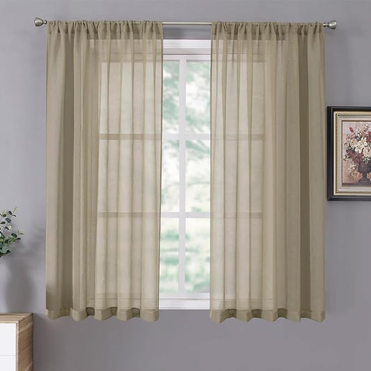Tollpiz Short Sheer Curtain Linen Textured Living Room Curtains Sheer Light Filtering Rod Pocket Voile Curtain for Bedroom, 42 x 54 inches Long, Taos Taupe, Set of 2 Panels