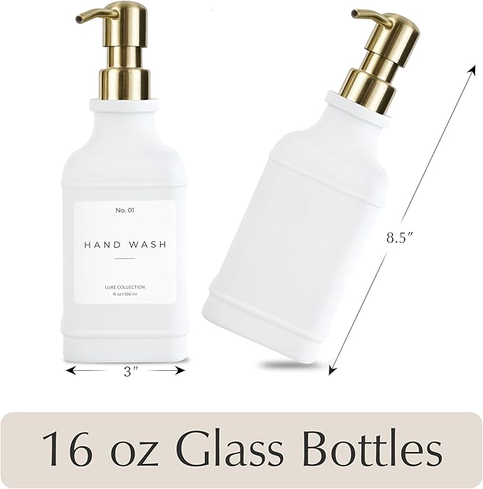 Emerson Essentials Soap Dispenser, Dish Soap Dispenser, Soap Dispenser Bathroom Set, Hand Soap, Kitchen Soap Dispenser Set, Glass Soap Dispenser with Pump and Labels | 16 Oz, 2-Pack