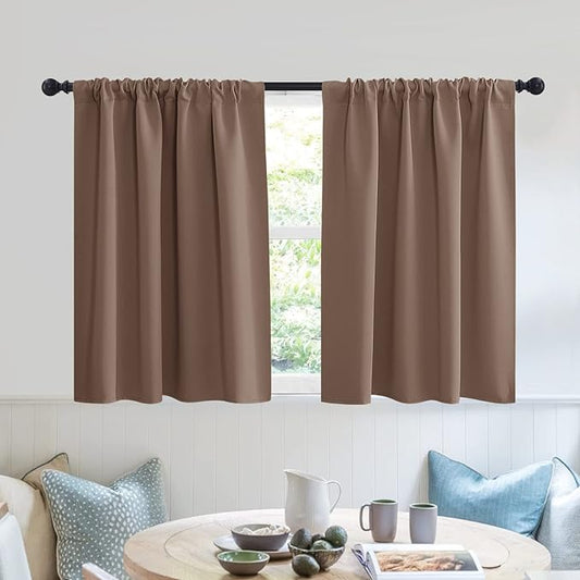 RYB HOME Short Curtains for Small Window, Energy Efficient Window Curtain Panels Room Darkening Shade Tiers Pair for Kitchen Nursery Kids Bedroom, 42 inch Width x 30 inch Length, Mocha, 2 Pcs