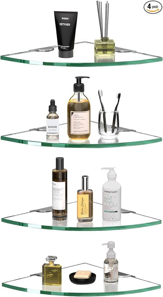 Corner Glass Shower Caddy 4 Pack 8MM-Thick Tempered Glass Shelf No Drilling Wall Mount Corner Mounted Shelves Space Saver Adhesive Bathroom Home Shelf Shampoo Holder Organizer Strong Adhesion