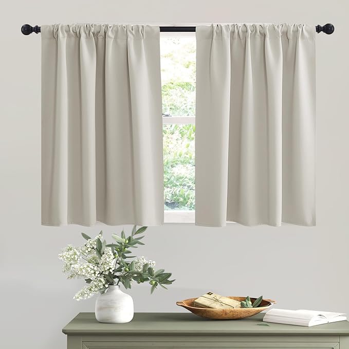 RYB HOME Blackout Short Cafe Curtains, Privacy Light Block Small Window Curtains for Bedroom Kitchen Basement Dining Classroom, W 42 x L 36 inches, Natural, 2 Panels