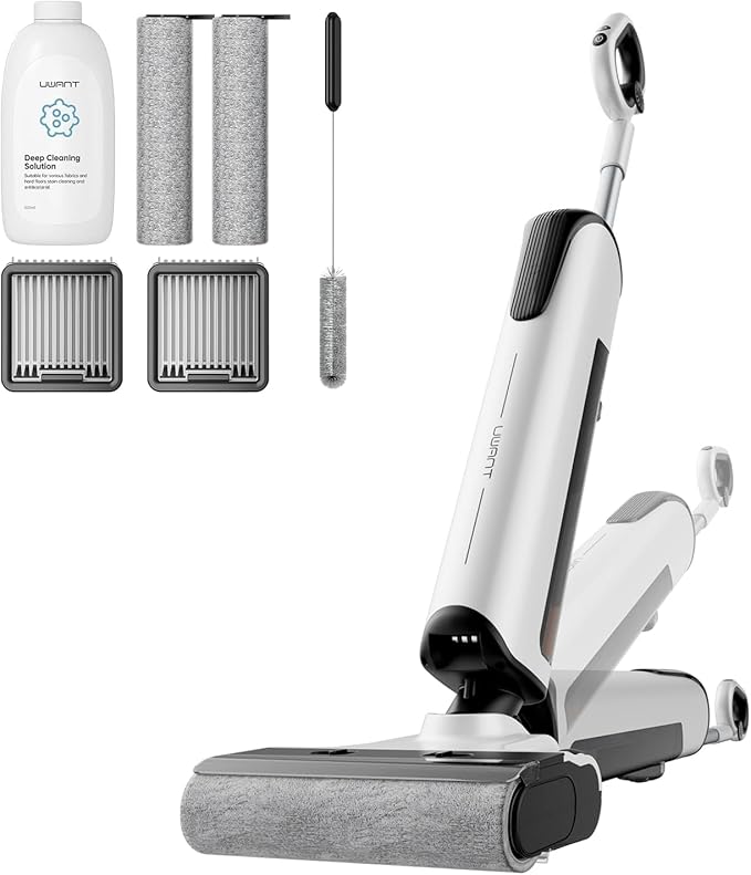 uwant D100 Wet Dry Vacuum Cleaner 180°Lay-Flat Vacuum Mop All in One with 18000Pa Suction Auto Self-Cleaning Anti Odor Stick Pushin Mop Dual-Edge Cleaning Electeic Mop Set for Hard Floor/Carpet,Milky