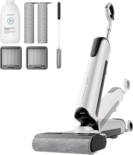 uwant D100 Wet Dry Vacuum Cleaner 180°Lay-Flat Vacuum Mop All in One with 18000Pa Suction Auto Self-Cleaning Anti Odor Stick Pushin Mop Dual-Edge Cleaning Electeic Mop Set for Hard Floor/Carpet,Milky