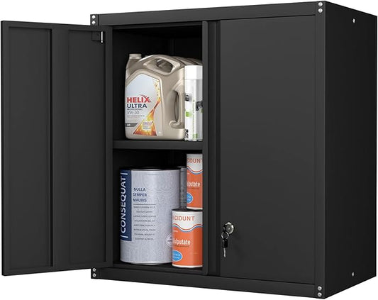 Steel Wall Cabinet, Metal Locking Wall Cabinet, Wall Hanging Metal Cabinet for Garage Tool Storage, Wall Mount Tool Cabinet for Garage, Laundry Room, Pantry, Black