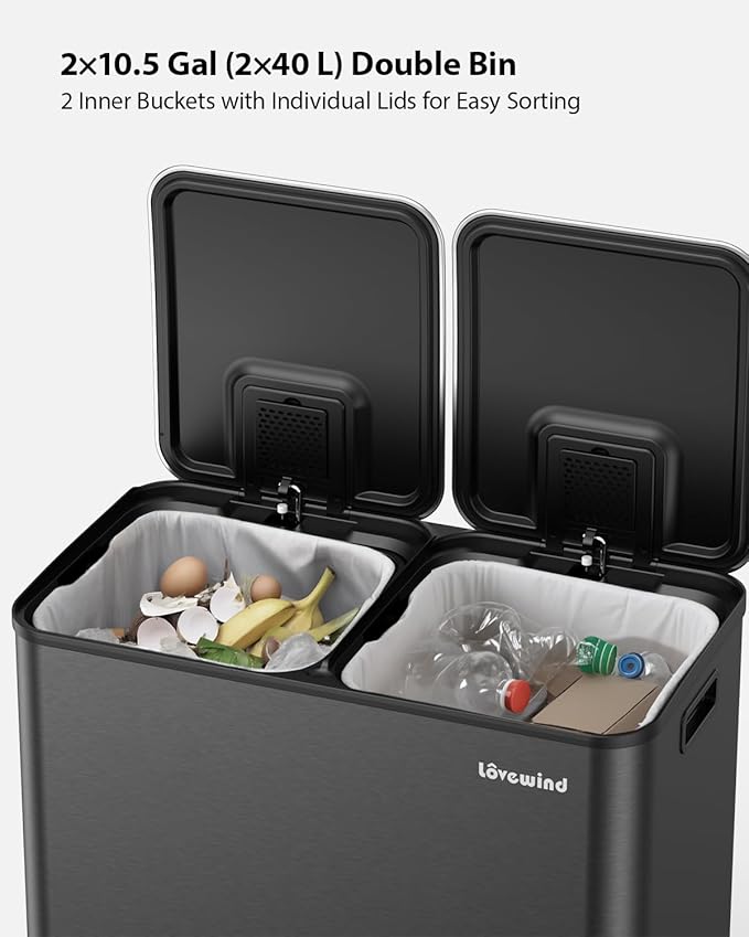 Lovewind Trash Can, 2 x 10.5 Gallon (2 x 40 L) Garbage Can for Kitchen Dual Compartment Recycling Kitchen Step Trash Bin, Stainless Steel Trash and Recycle Bin Combo with Soft-Close Lid, Black