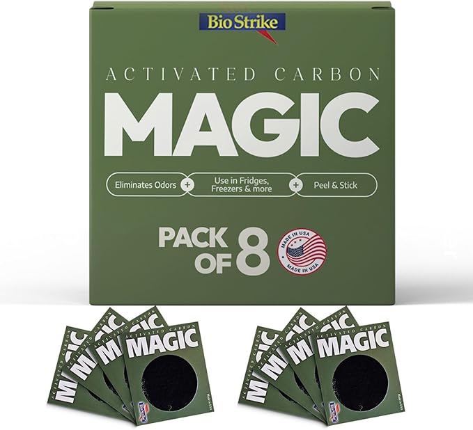 BioStrike Odor Magic - Activated Charcoal Odor Absorber Pads - Kitchen Odor Remover - Easy Peel & Stick Design - All Natural Filters for Trash Cans, Fridges & Small Spaces - Made in USA (8 Pack)