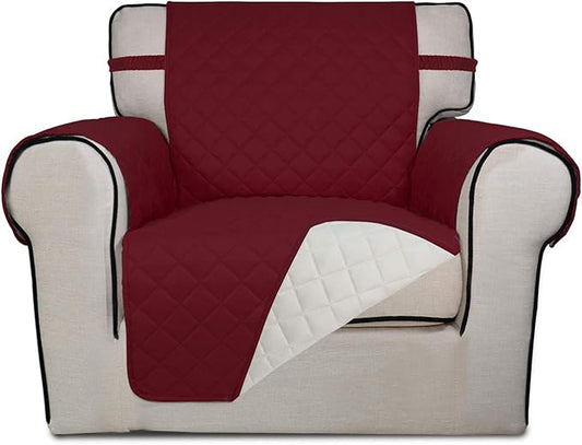PureFit Reversible Quilted Sofa Cover, Water Resistant Slipcover Furniture Protector, Washable Couch Cover with Non Slip and Elastic Straps for Kids, Pets (Chair, Red/Ivory)