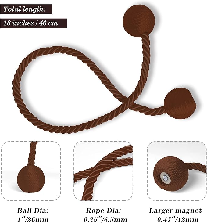 Hion Magnetic Curtain Tiebacks Dark Brown 4 Pack, Curtain Tiebacks Buckles Holdbacks Holders Hooks Clip for Home Bedroom Office Decorative Thick or Thin Curtain