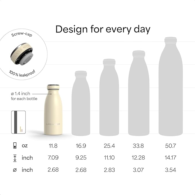 LARS NYSØM Stainless Steel Insulated Water Bottle 12oz 17oz 25oz 34oz 51oz | Insulated Thermo Flask for Hot and Cold Beverages | Leakproof Drinking Bottle (Almond Beige, 11.9oz)